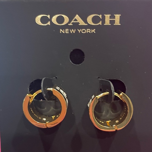 Elegant Coach Gold and Black with White Letter C’s Earrings New.Style Huggies - Picture 6 of 8